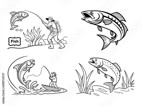 coloring page line art the fish hunting black vector bundle