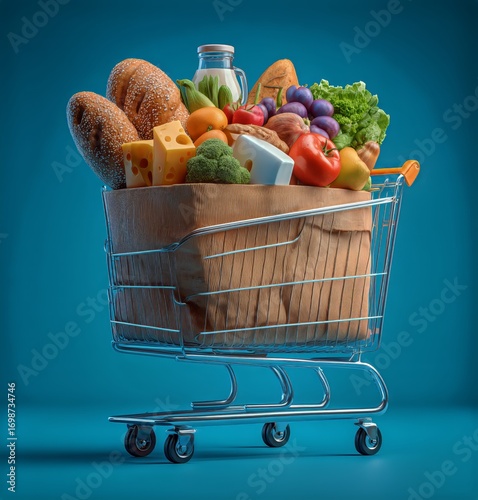 Fresh Produce and Groceries Collected in a Shopping Basket With Vibrant Color...