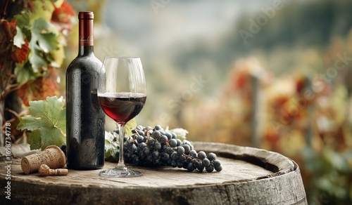 Fine Red Wine Served in Glass With Grapes on Rustic Wooden Barrel During Sunn...