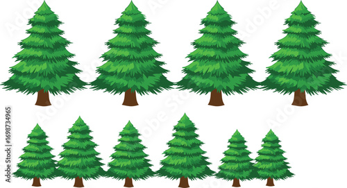 Cartoon evergreen tree vector set with layered green foliage and brown trunks for forest, nature, education, and environmental design themes
