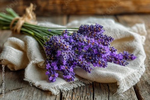 Freshly Harvested Lavender Bouquet Resting on a Rustic Wooden Table With a So...