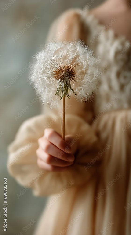 Fototapeta premium Girl Holding Dandelion Fluff in Gentle Sunlight With Soft Fabric Attire in a Serene Indoor Setting
