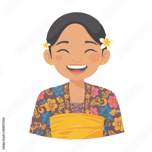 A smiling Balinese woman in traditional attire adorned with flowers.