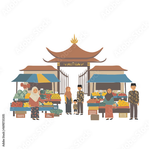 A vibrant marketplace scene with families shopping at stalls under a traditional Asian-inspired gateway.