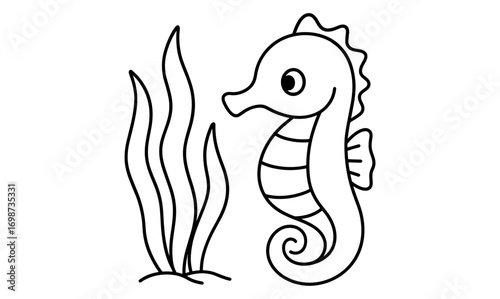 Cute seahorse and seaweed outline drawing for kids