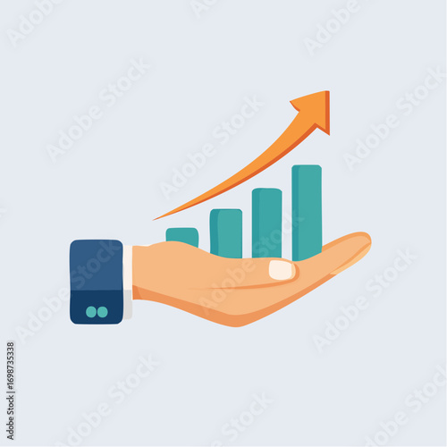 Illustration depicting business growth, upward trend, and financial progress with charts and hand