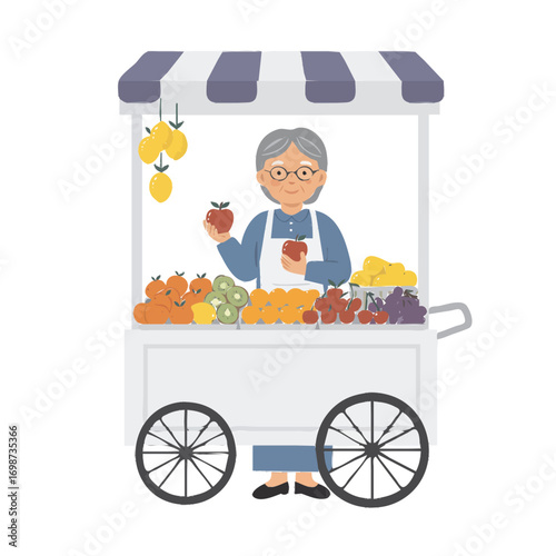 An elderly woman street vendor sells a variety of fresh fruit from her market cart stall.