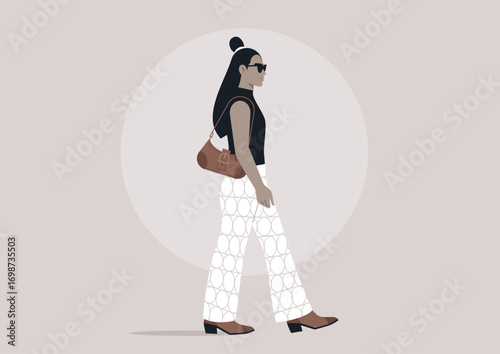 Fashion-forward character walks gracefully down the vibrant sidewalk, flaunting their individual style, weaving through a lively urban atmosphere filled with energy