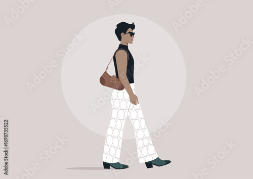 Fashion-forward character walks gracefully down the vibrant sidewalk, flaunting their individual style, weaving through a lively urban atmosphere filled with energy