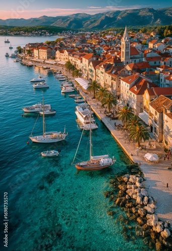 Charming Coastal Town With Boats and Sunset View Along the Waterfront