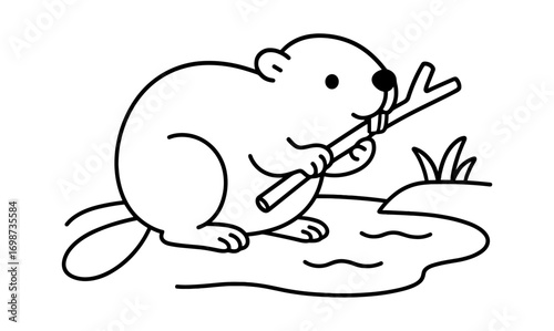 Playful beaver holding a branch line art for coloring