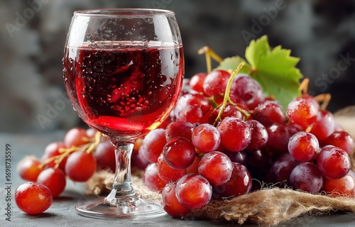 Fresh Red Grapes and a Glass of Red Wine on a Textured Surface With Natural L...