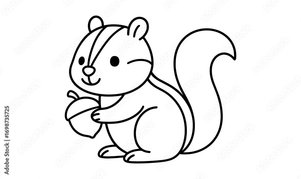 Fototapeta premium Cute squirrel holding acorn in simple black and white line art