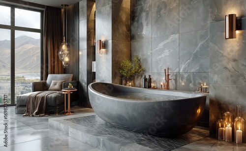 Elegant Modern Bathroom Featuring a Freestanding Tub and a Stunning View of M...