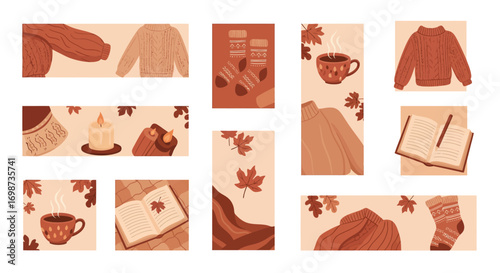Cozy autumn themed graphics featuring sweaters mugs and leaves for seasonal design vector