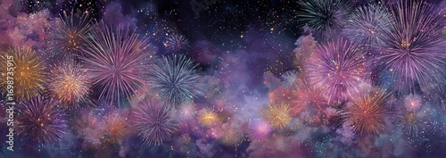 Colorful Fireworks Display Illuminating the Night Sky Over a City Skyline Dur...