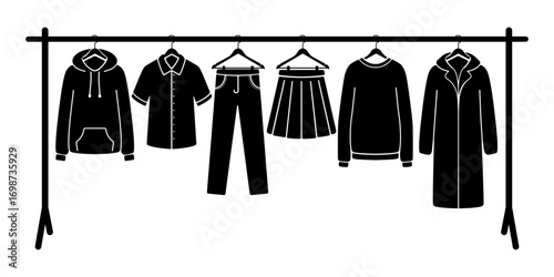 Silhouette illustration of a Clothes hanging on hangers on a rack