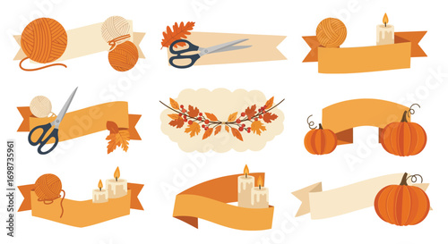 Autumn harvest ribbons and banners with pumpkins and fall leaves decorative elements vector