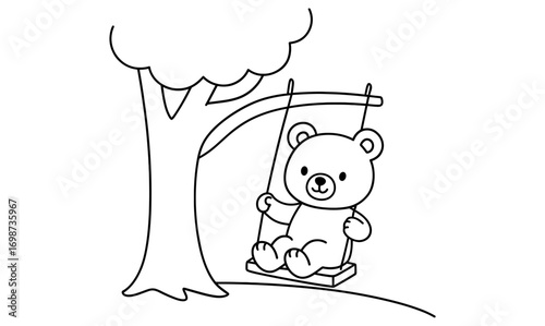 Cute bear on tree swing coloring page for kids activities