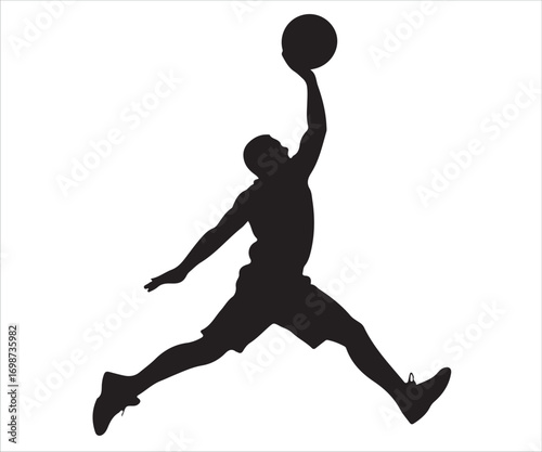 "Basketball player silhouette jumping high with ball in vector art"
