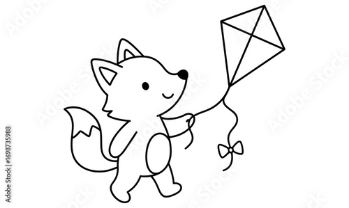 Cute fox with kite in simple black and white outline for kids' activities