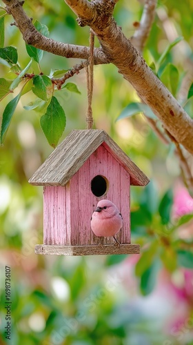 Colorful Bird Perched Near a Wooden Birdhouse in a Vibrant Garden During Late...