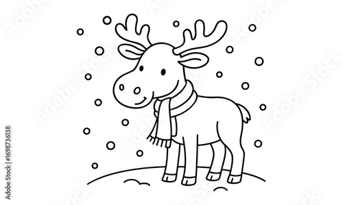 Cute reindeer with scarf in snowy outline design for winter coloring pages