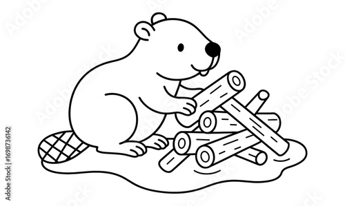 Cute beaver building dam with logs in outline style for kids coloring