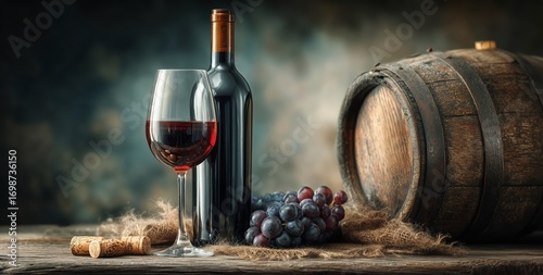 Elegant Red Wine Glass and Bottle Next to Wooden Barrel With Grapes on Rustic...