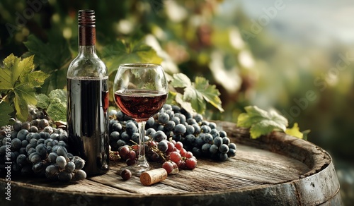 Fine Red Wine Served in Glass With Grapes on Rustic Wooden Barrel During Sunn...