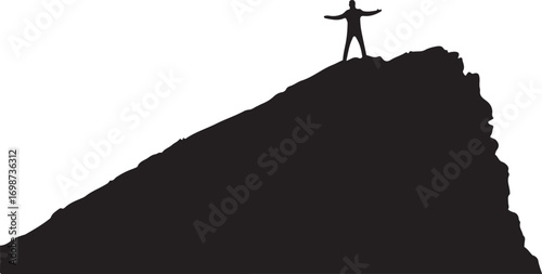 Silhouette of a person standing with arms outstretched on a mountain peak against a white background