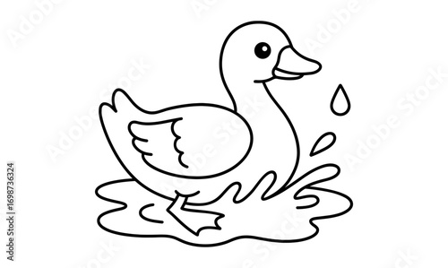 Happy cartoon duck splashing in a puddle outline drawing for kids