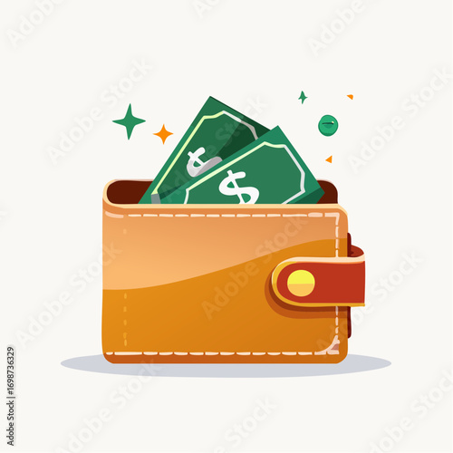 Wallet illustration with cash, representing wealth, finance, and currency concepts perfectly