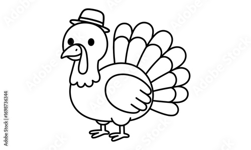 Cute cartoon turkey wearing a hat for thanksgiving coloring activity