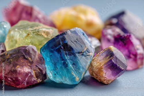 Colorful Crystal Collection Displayed on a Smooth Surface in Bright Lighting.