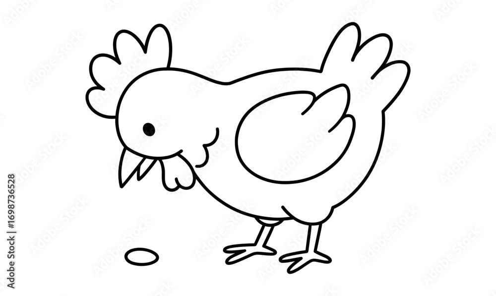 Fototapeta premium Cute cartoon chicken pecking grain in simple outline style for kids' coloring books