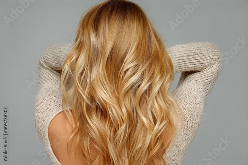 Long Wavy Blonde Hair Styled Elegantly With a Cozy Sweater in a Neutral Setting