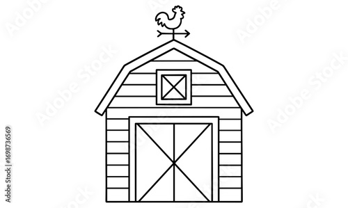 Rustic barn with rooster weather vane in minimalist line art style