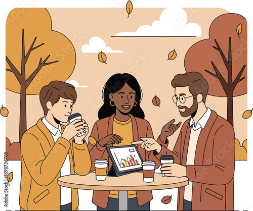 Diverse friends enjoying autumn outdoor cafe together discussing tablet vector