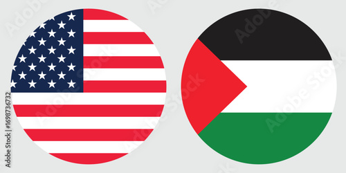 America and Palestine Circular Flags on Grey Background  ,Global Relations and Diplomatic Unity , vector design and digital illustration 