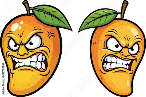 Two angry cartoon mangoes with leaves and angry faces, isolated on white background