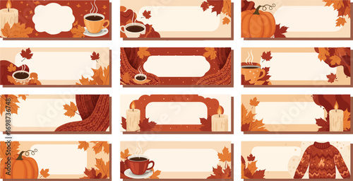 Collection of autumn themed rectangular labels with seasonal elements and placeholders vector