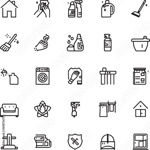 Cleaning icon set, collection of housekeeping and janitorial glyph symbols, simple black vector illustration for domestic chores and hygiene