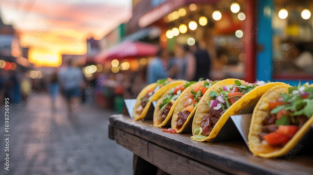 Fototapeta premium Closeup of freshly made tacos displayed on a wooden surface at a bustling street market during sunset