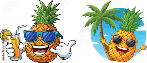 Happy cartoon pineapple with sunglasses holding a drink and giving a thumbs up