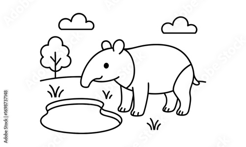 Cute outline tapir at water hole with clouds and tree in simple landscape scene