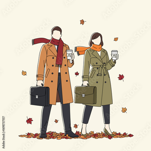 Stylish couple embraces autumn season holding coffee cups and briefcases vector