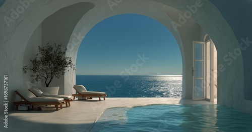 Modern Patio Overlooking Serene Ocean Under Clear Sky With Minimalistic Design.
