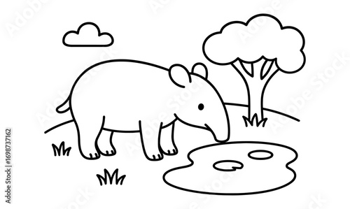 Cute tapir at pond in simple black and white outline with nature scene