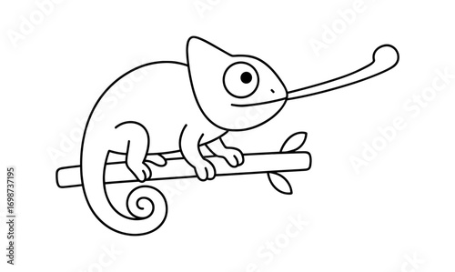 Cute chameleon with long tongue on branch in simple outline style